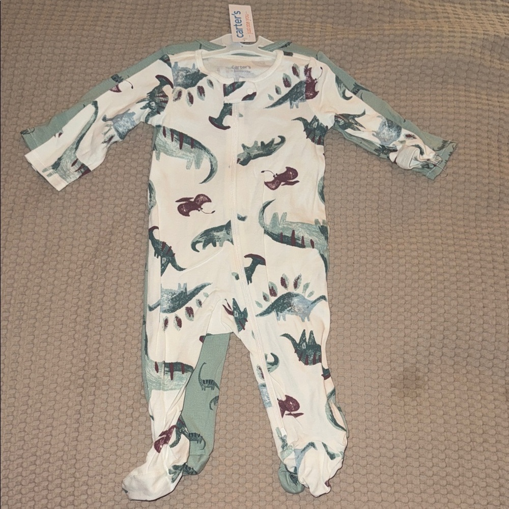 2 Carter's Dino Print Footed One-Piece in White, Green & Maroon 9 months